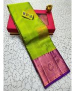 Lime green and Rhubarb pink kanchipuram silk saree - image 3 | Saree Palace Germany