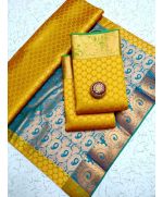 Yellow Gold & Blue Soft SIlk Saree - image 3 | Saree Palace Germany