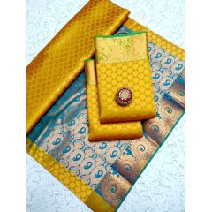 - Yellow Gold & Blue Soft SIlk Saree - image 3 | Saree Palace Germany | Bazaa