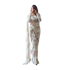 - White Floral Georgette Ready To Wear Saree - image 3 | Saree Palace Germany | Bazaa