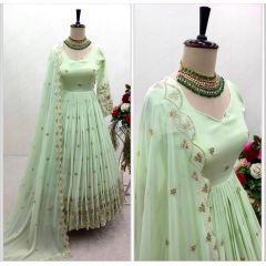 - New Eid Collection Pista Green Faux Georgette Sequence Embroidery Work Gown With Dupatta - image 3 | Saree Palace Germany | Bazaa