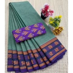 - Chettinad Cotton Sarees With Intricate Woven Jari Border with blouse - image 3 | Indi Store | Bazaa