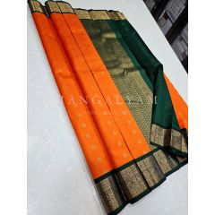 - Orange with Green Border Kanchipuram Silk Saree - image 1 | Mangalyam | Bazaa