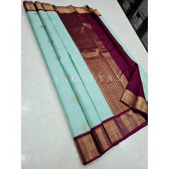 - Sky Blue with Violet Border Kanchipuram Silk Saree - image 1 | Mangalyam | Bazaa