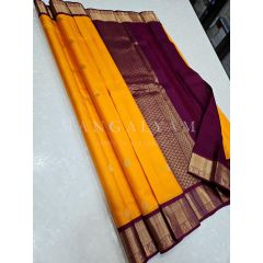 - Yellow Gold with Violet Border Kanchipuram Silk Saree - image 1 | Mangalyam | Bazaa