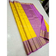 - Yellow with Pink Border Kanchipuram Silk Saree - image 1 | Mangalyam | Bazaa