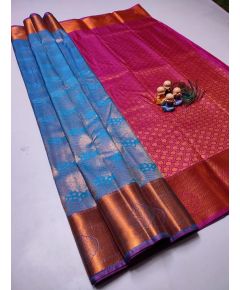 - Light Blue & Pink Semi Soft Silk Saree - image 3 | Saree Palace Germany | Bazaa