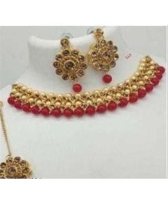 Red Pearl & Gold Stone Jewellery Set - image 3 | Saree Palace Germany