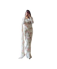 White Floral Georgette Ready To Wear Saree - image 3 | Saree Palace Germany