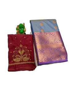 Kanchivaram silk saree in blue dual tone with aari work blouse - image 3 | Saree Palace Germany