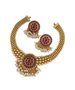 Red Stone Kundan Stone Necklace Set - image 3 | Saree Palace Germany