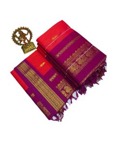 Cherry red cotton saree with purple boarder - image 3 | Saree Palace Germany