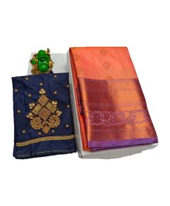 Coral pink and purple silk saree with Aari work blouse - image 3 | Saree Palace Germany