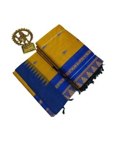 Cotton mustard saree with blue boarder - image 3 | Saree Palace Germany