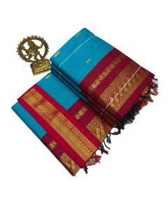 Sky blue cotton saree with red boarder - image 3 | Saree Palace Germany