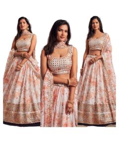 Eid Collection Beautiful White Floral Printed Wear Organza Lehenga - image 3 | Saree Palace Germany