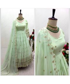 - New Eid Collection Pista Green Faux Georgette Sequence Embroidery Work Gown With Dupatta - image 3 | Saree Palace Germany | Bazaa