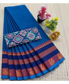 Chettinad Cotton Sarees With Intricate Woven Jari Border with blouse - image 3 | Indi Store