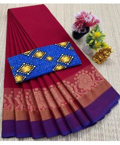 Chettinad Cotton Sarees With Intricate Woven Jari Border with blouse - image 3 | Indi Store