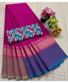 Chettinad Cotton Sarees With Intricate Woven Jari Border with blouse - image 3 | Indi Store