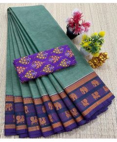 Chettinad Cotton Sarees With Intricate Woven Jari Border with blouse - image 3 | Indi Store