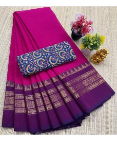 Chettinad Cotton Sarees With Intricate Woven Jari Border with blouse - image 3 | Indi Store