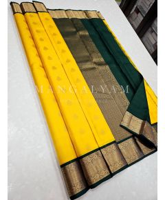 Mango Yellow with Green Border Kanchipuram Silk Saree - image 1 | Mangalyam