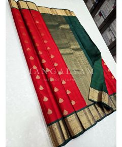 - Red with Green Border Kanchipuram Silk Saree - image 1 | Mangalyam | Bazaa