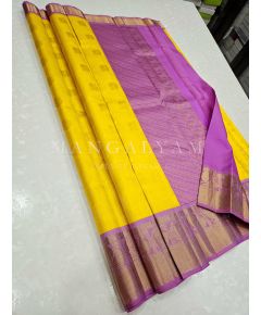 - Yellow with Pink Border Kanchipuram Silk Saree - image 1 | Mangalyam | Bazaa