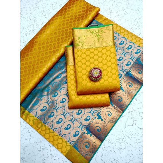Yellow Gold & Blue Soft SIlk Saree - image 3 | Saree Palace Germany