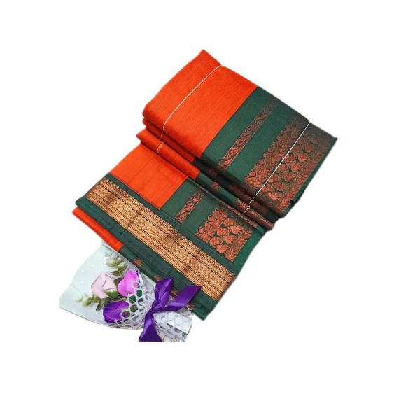 - Orange and Forest Green Soft and Smooth Cotton Pattu Saree - image 3 | Saree Palace Germany | Bazaa