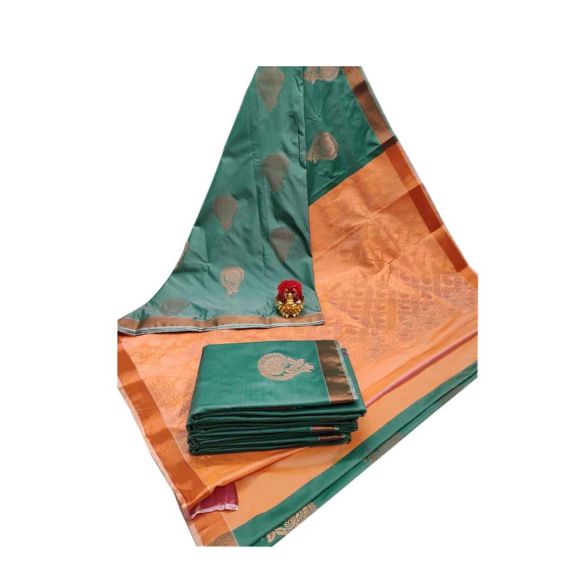 Peacock Green & Orange Semi Silk Saree - image 3 | Saree Palace Germany