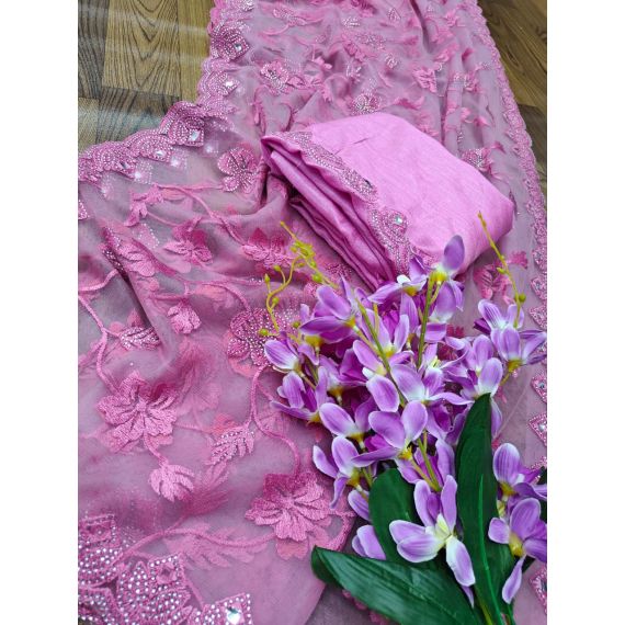 - Pink silver stone work net saree - image 9 | Saree Palace Germany | Bazaa