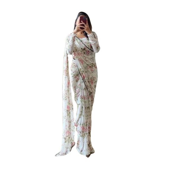 - White Floral Georgette Ready To Wear Saree - image 3 | Saree Palace Germany | Bazaa
