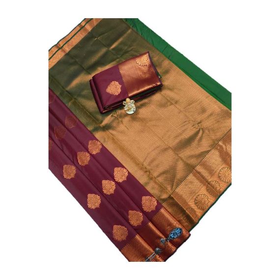 - Brown and green Bridal soft silk sarees with contrast blouse and pallu - image 3 | Princess Fashion | Bazaa