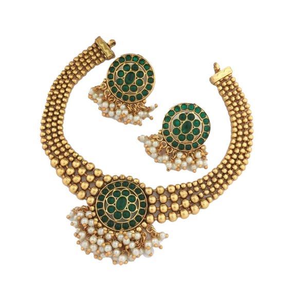 Green Stone Kundan Stone Necklace Set - image 3 | Saree Palace Germany