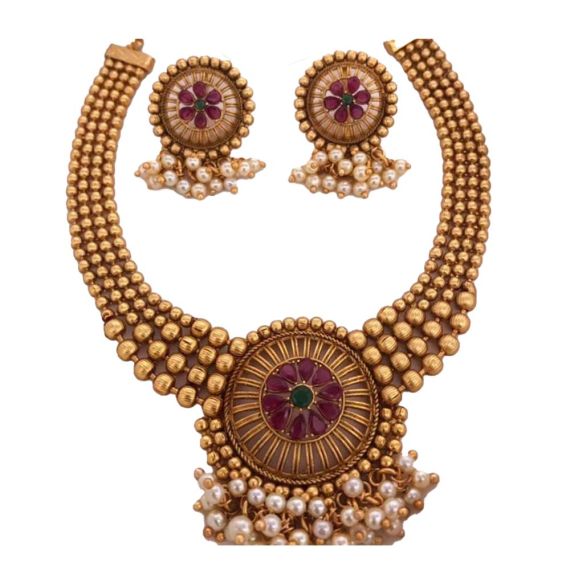 Maroon Stone Kundan Stone Necklace Set - image 3 | Saree Palace Germany
