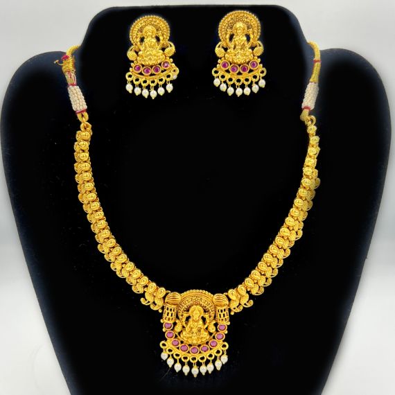 - Temple Gold Plated Necklace with Goddess Lakshmi design - image 3 | Vastraany | Bazaa