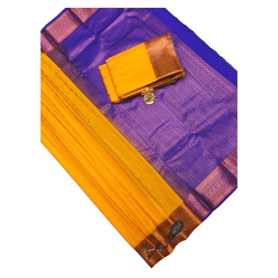 - Yellow and royal blue Bridal soft silk sarees with contrast blouse and pallu - image 3 | Princess Fashion | Bazaa