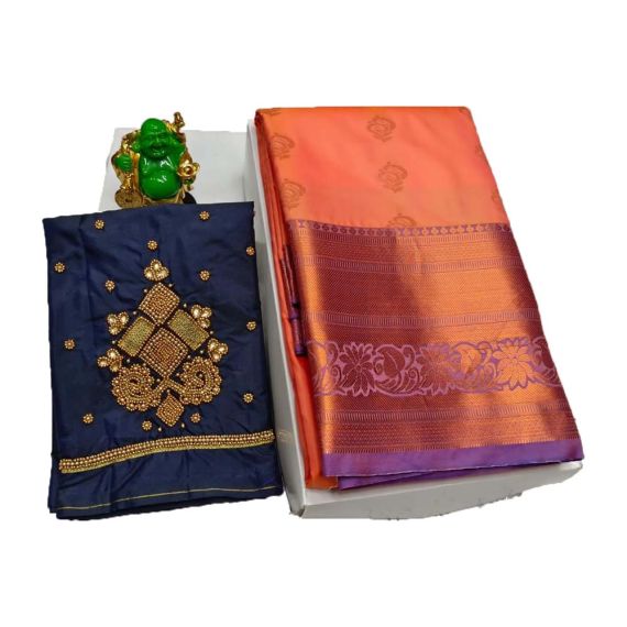 Coral pink and purple silk saree with Aari work blouse - image 3 | Saree Palace Germany