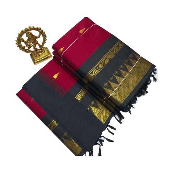 - Maroon cotton saree with black boarder - image 3 | Saree Palace Germany | Bazaa