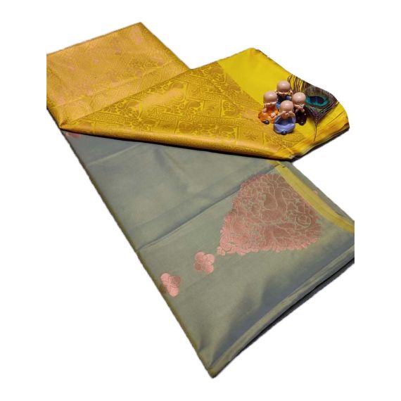 Olive green and yellow silk saree - image 3 | Saree Palace Germany