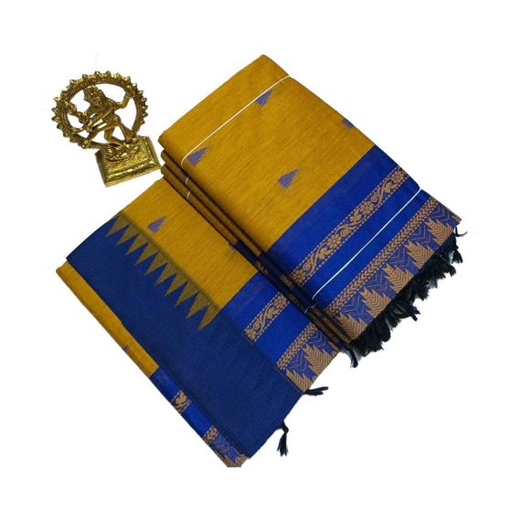 - Yellow cotton saree with blue boarder - image 3 | Saree Palace Germany | Bazaa