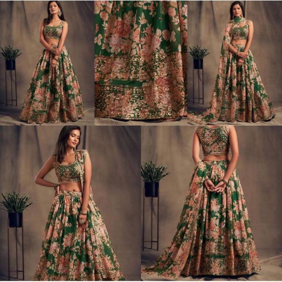 - New Eid Collection Emerald Green Floral Embroidered Lehenga Set - image 3 | Saree Palace Germany | Bazaa