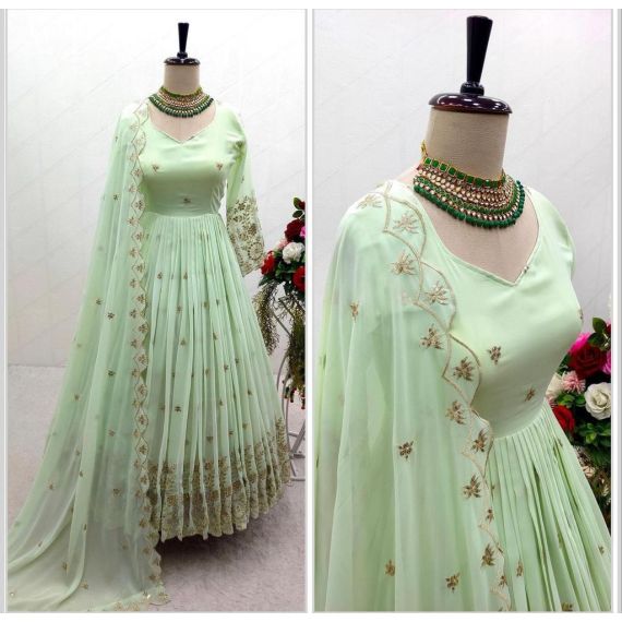 - New Eid Collection Pista Green Faux Georgette Sequence Embroidery Work Gown With Dupatta - image 3 | Saree Palace Germany | Bazaa