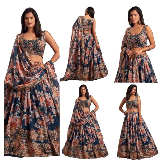 - New Eid Collection Trendy Women's Dove Blue Organza Silk Embroidered Lehenga - image 3 | Saree Palace Germany | Bazaa