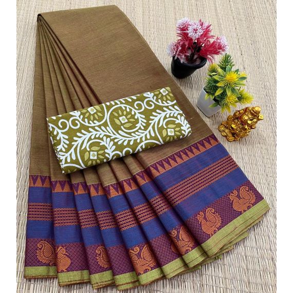 - ​Chettinad Cotton Sarees With Intricate Woven Jari Border with blouse​ - image 3 | Indi Store | Bazaa