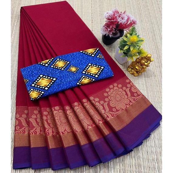 - Chettinad Cotton Sarees With Intricate Woven Jari Border with blouse - image 3 | Indi Store | Bazaa