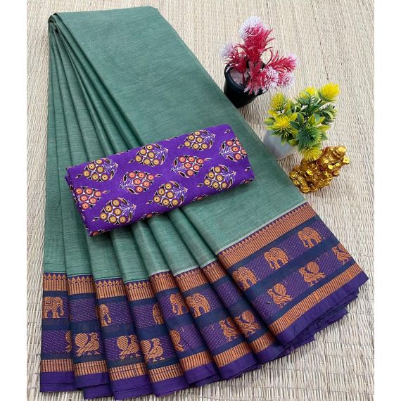 - Chettinad Cotton Sarees With Intricate Woven Jari Border with blouse - image 3 | Indi Store | Bazaa